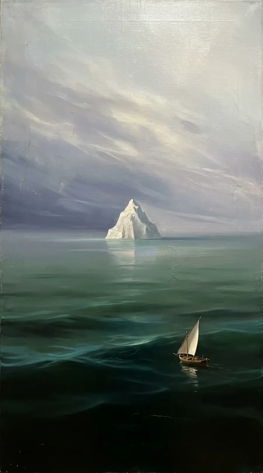 An Aivazovsky-style painting of a single sailed boat against a vast ocean with a white pyramidal island on the horizon